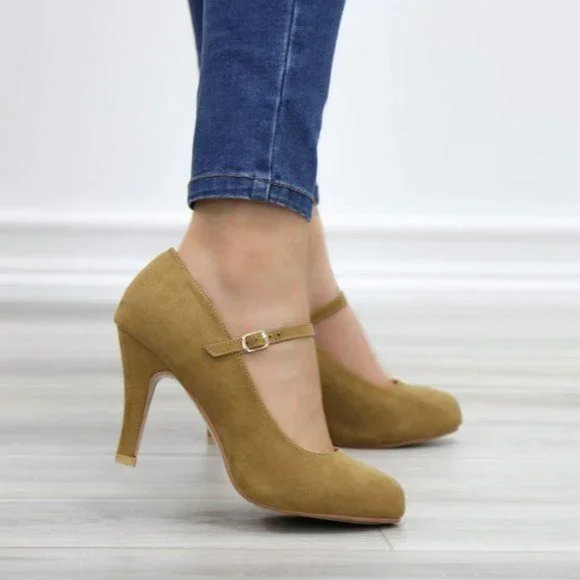 Taupe Suede Low Heel Rockabilly Pumps - Picture 6 of 11